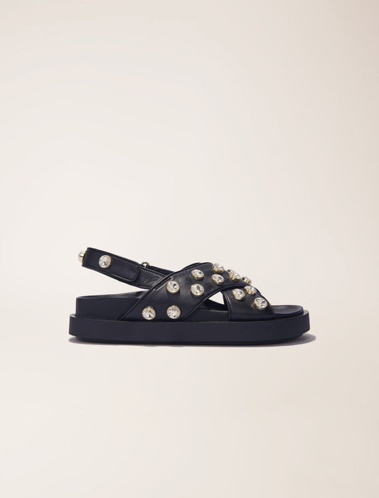 Black featured Flat leather and rhinestone sandals