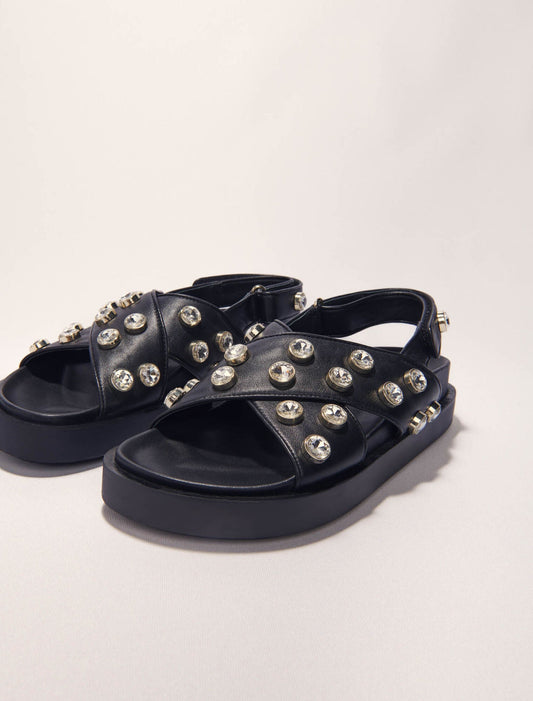 Black Flat leather and rhinestone sandals
