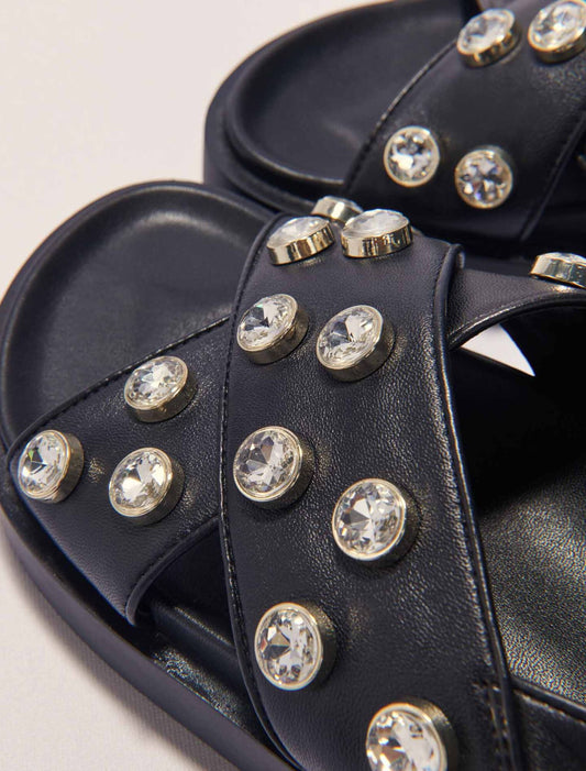 Black Flat leather and rhinestone sandals