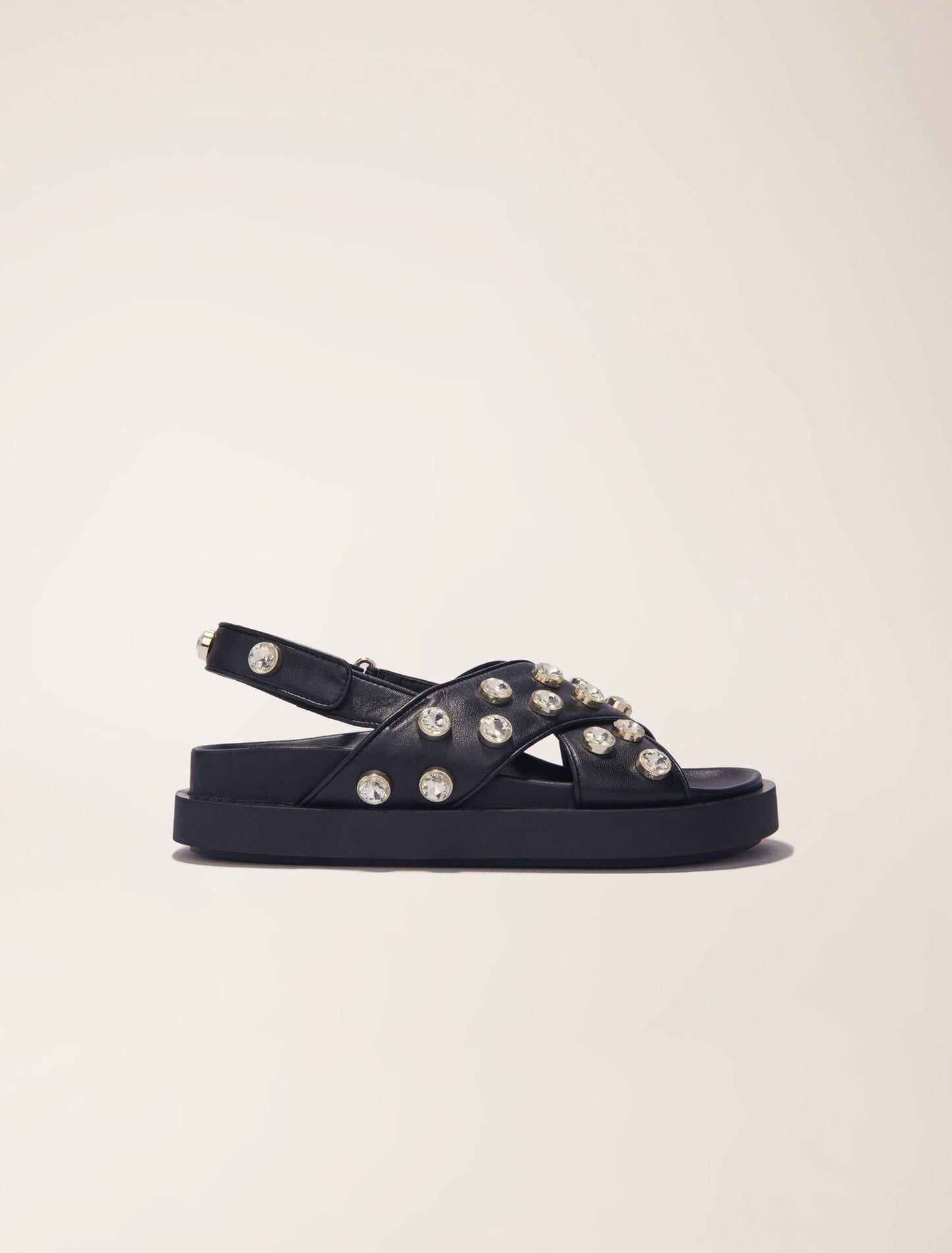 Black Flat leather and rhinestone sandals
