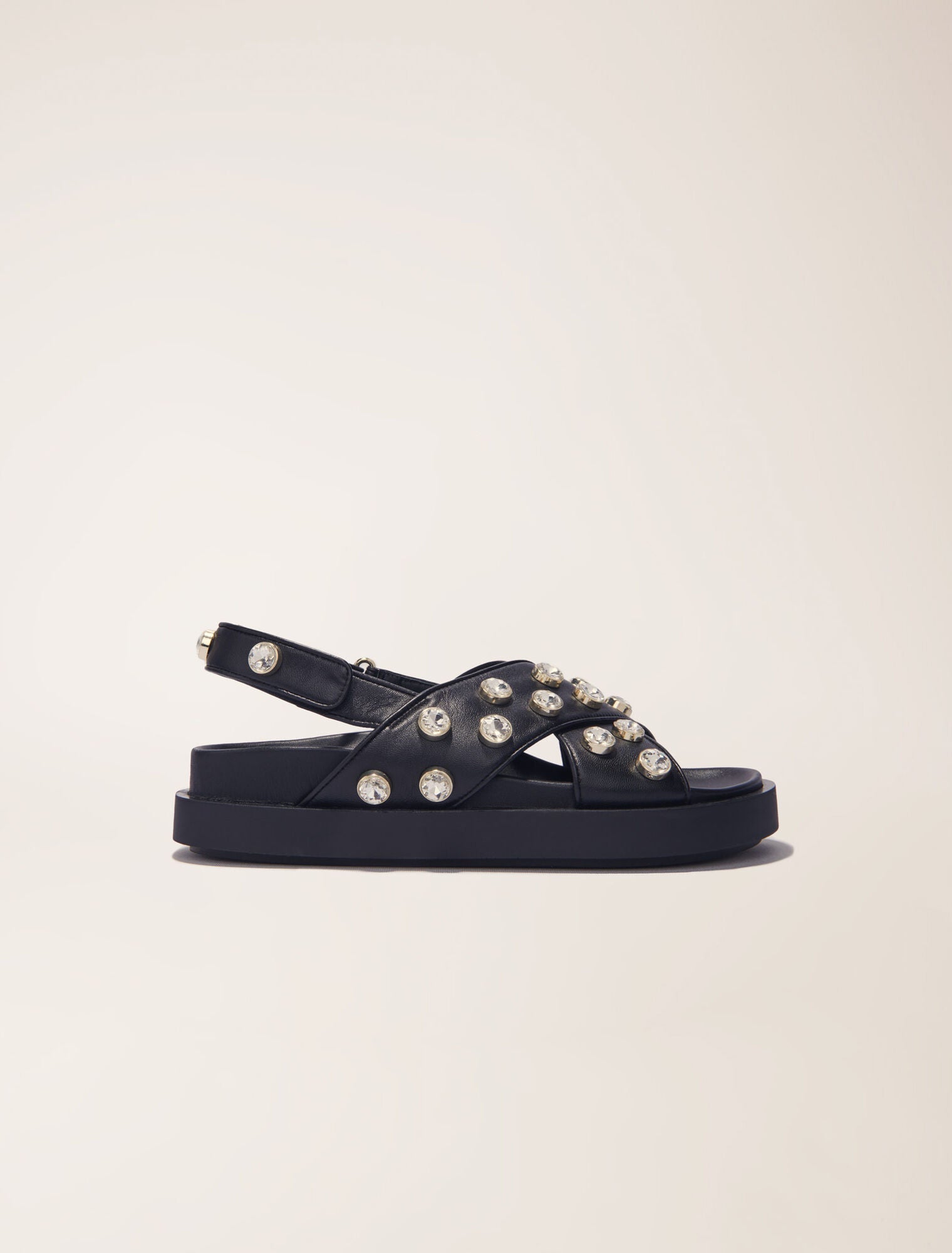 Black Flat leather and rhinestone sandals