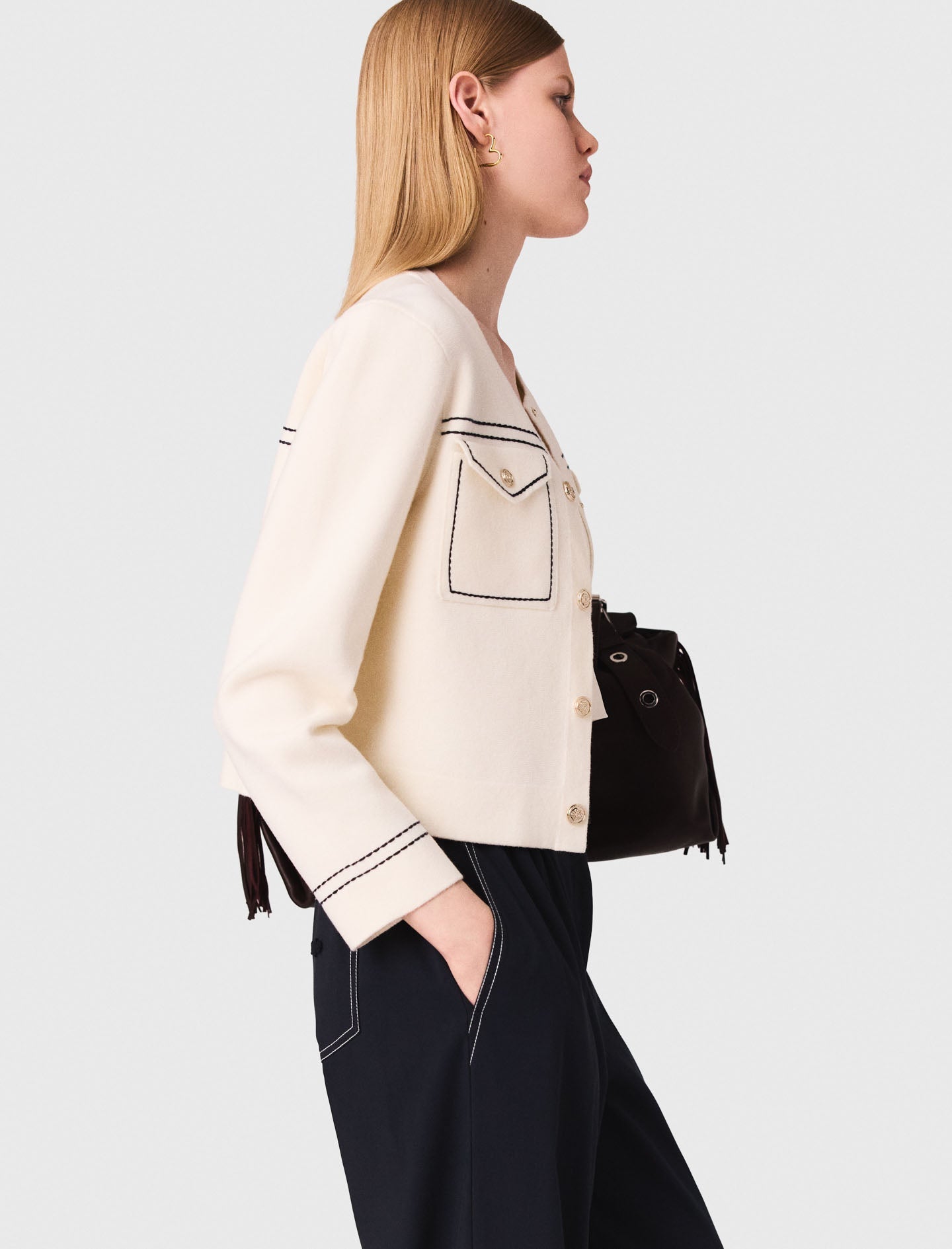 Topstitched cropped cardigan Ecru