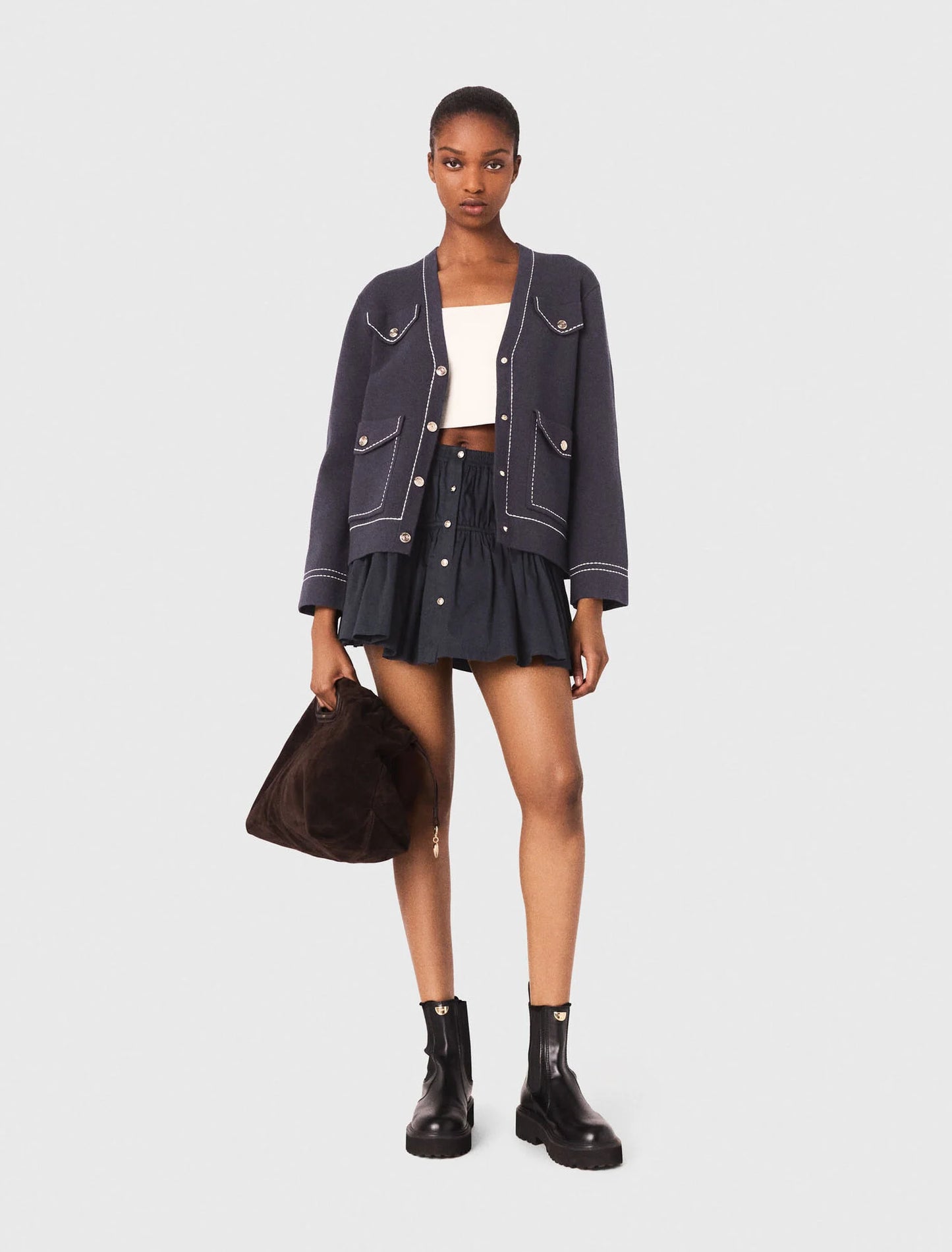 Long topstitched knit cardigan