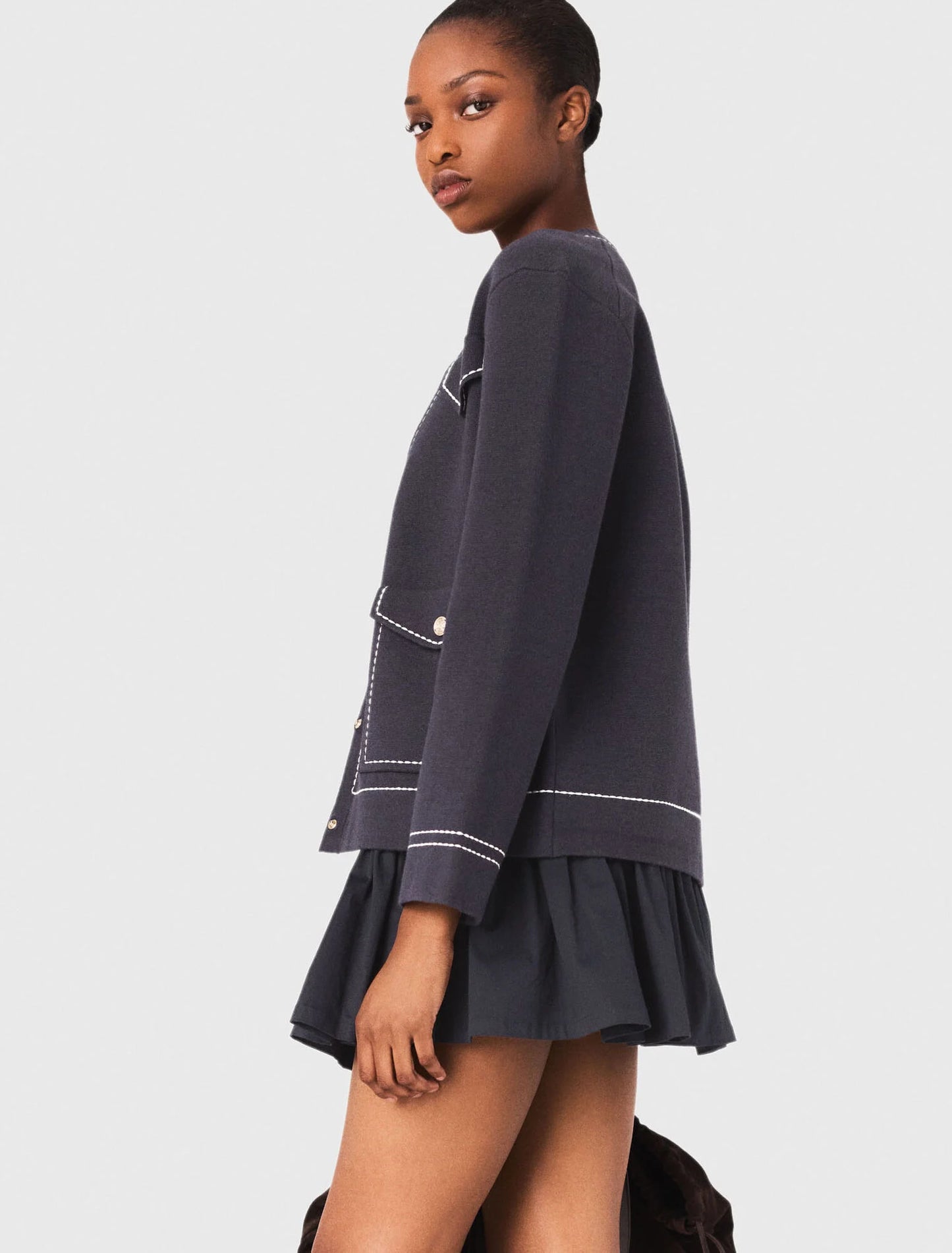 Long topstitched knit cardigan