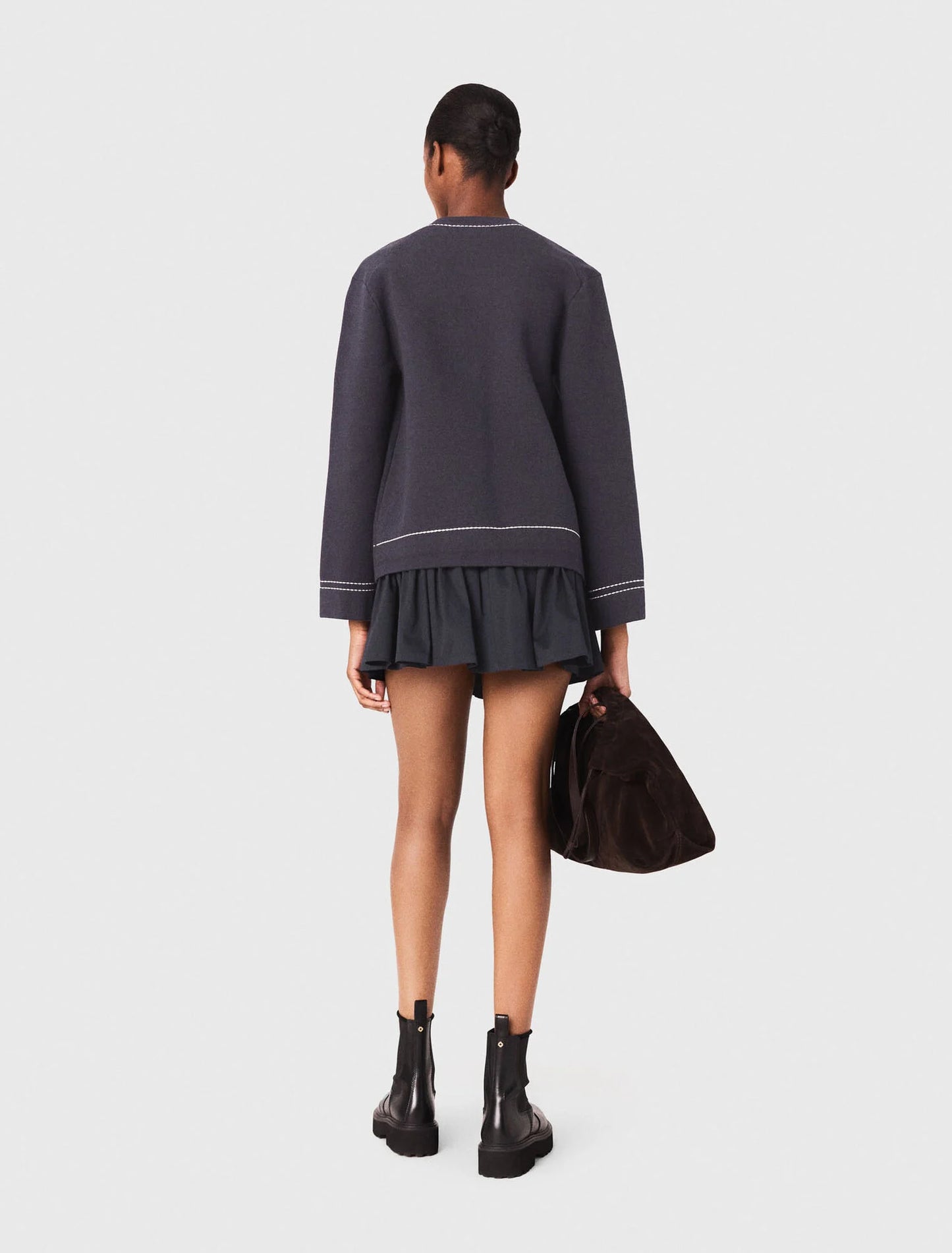 Long topstitched knit cardigan