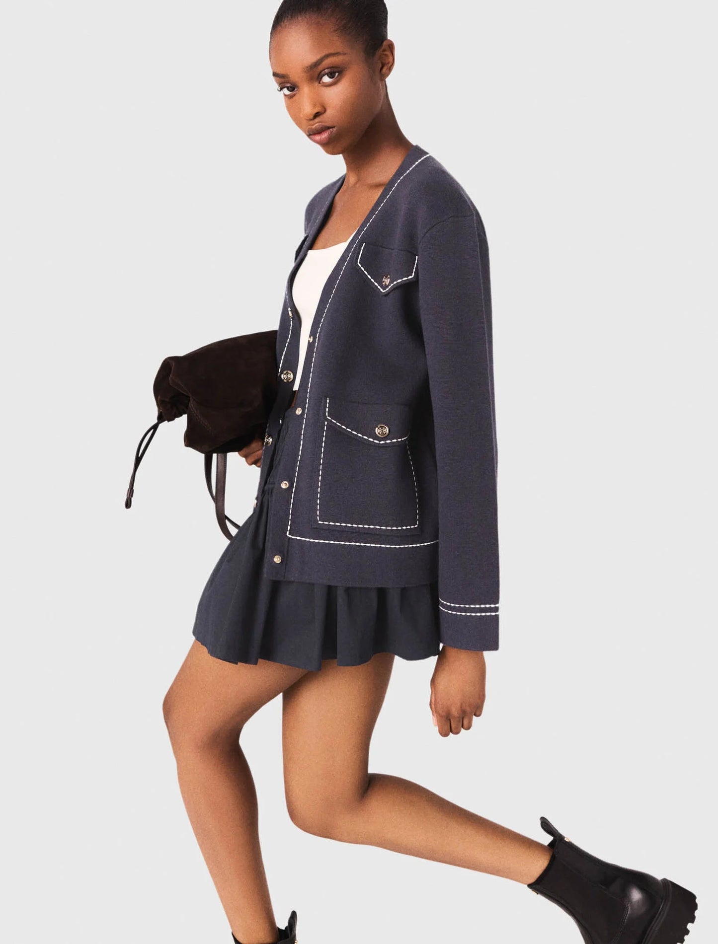 Long topstitched knit cardigan