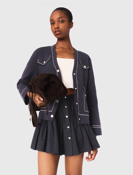 Long topstitched knit cardigan