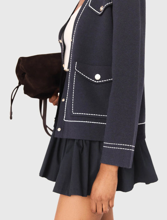 Long topstitched knit cardigan Navy