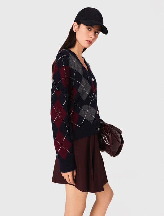 Cropped argyle pattern cardigan
