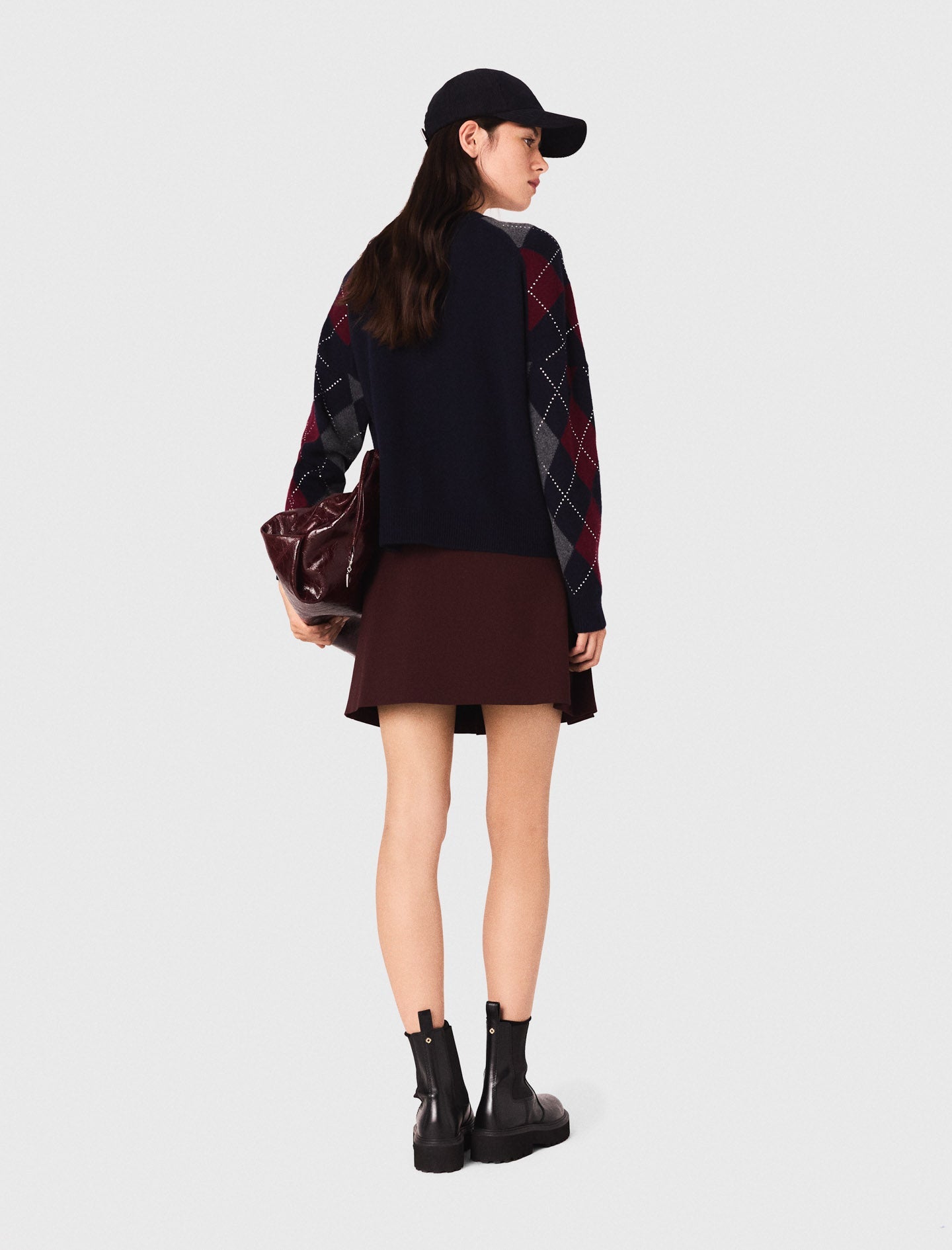 Cropped argyle pattern cardigan