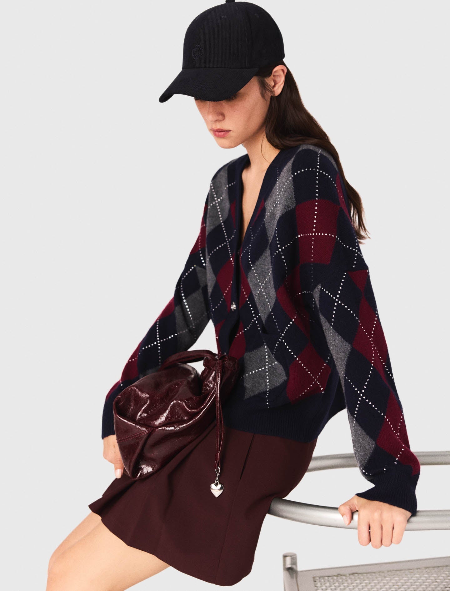 Cropped argyle pattern cardigan