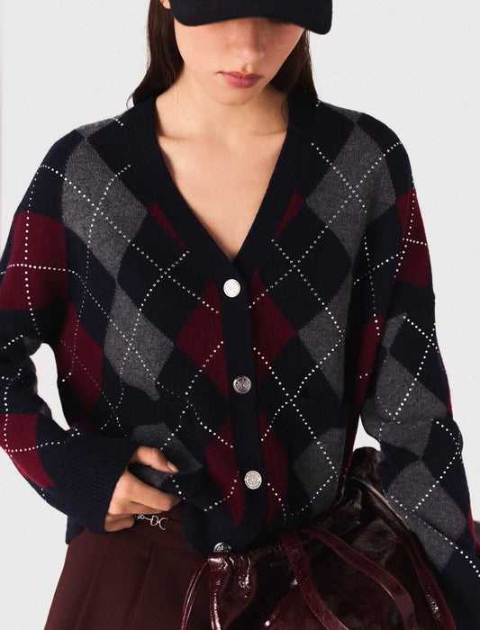 Cropped argyle pattern cardigan