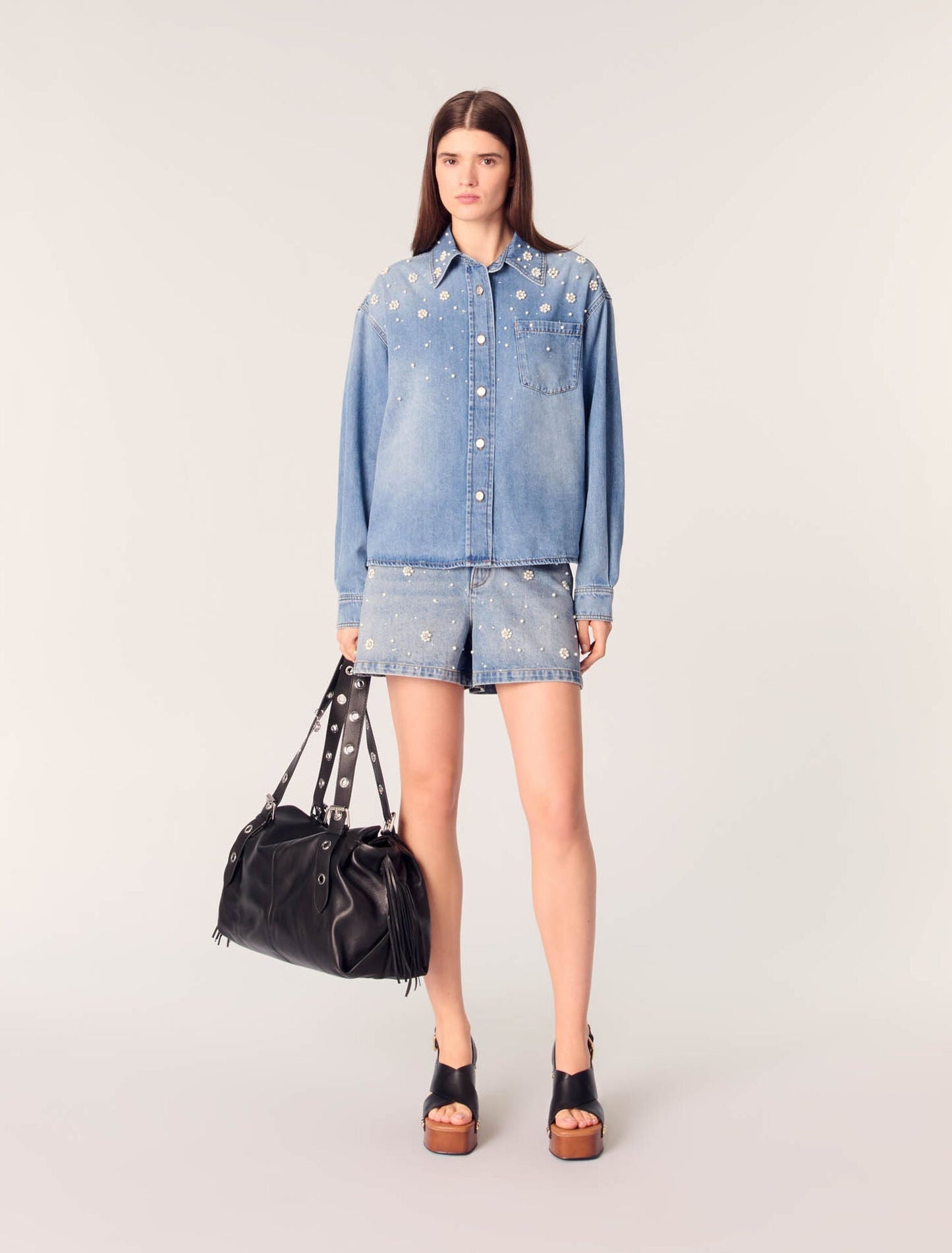 Blue featured Denim shirt with embroidered beads