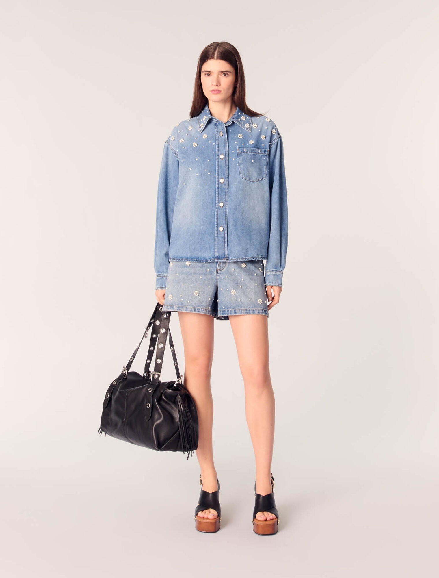 Blue featured Denim shirt with embroidered beads