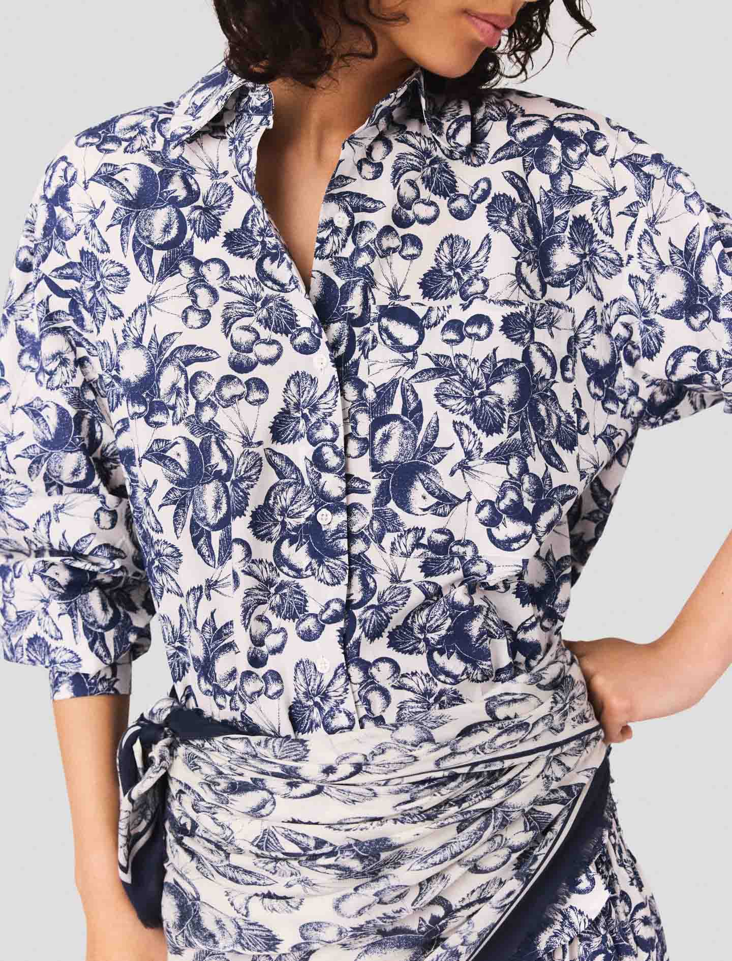 Blue Fruits Print Long printed shirt