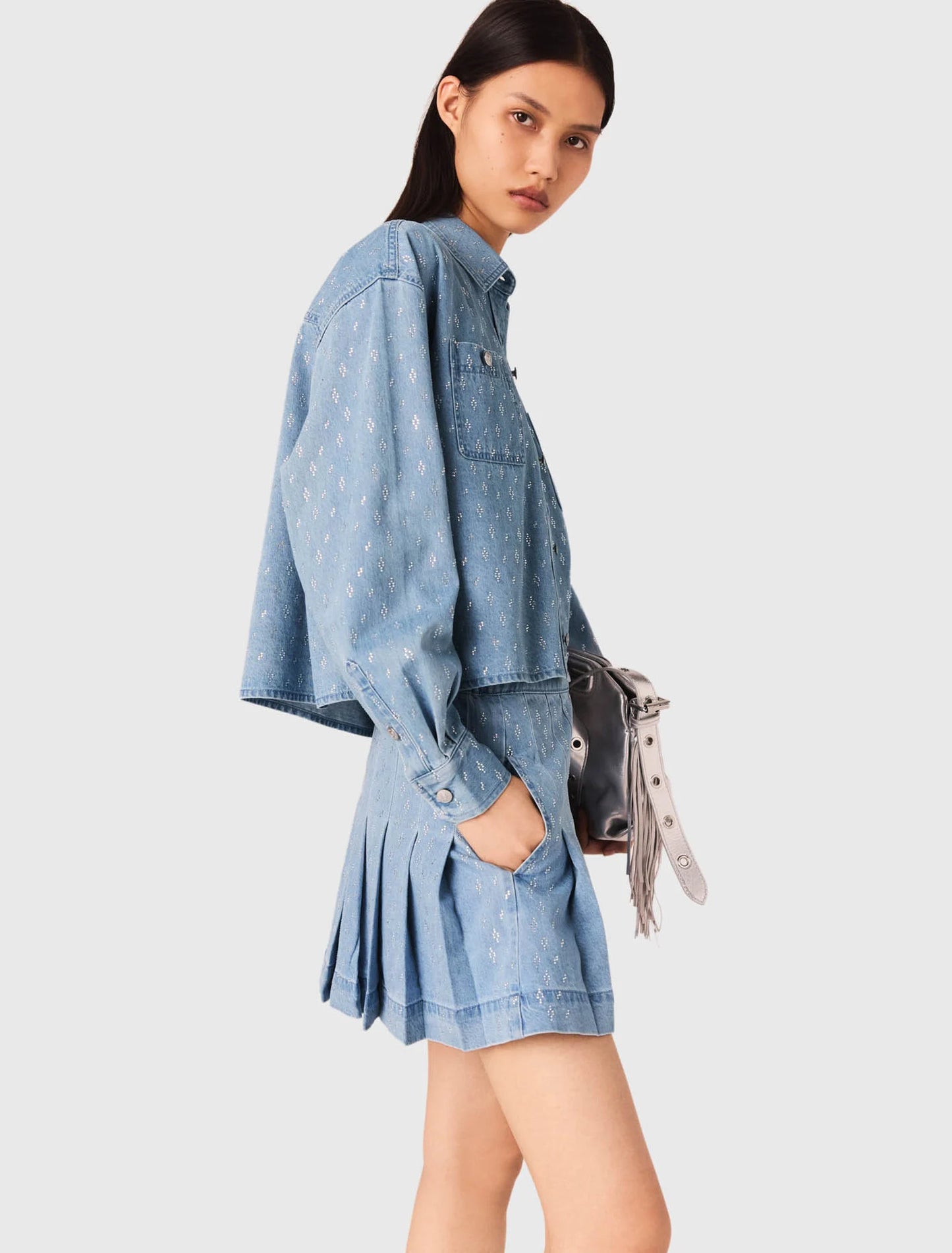 Short rhinestone denim shirt