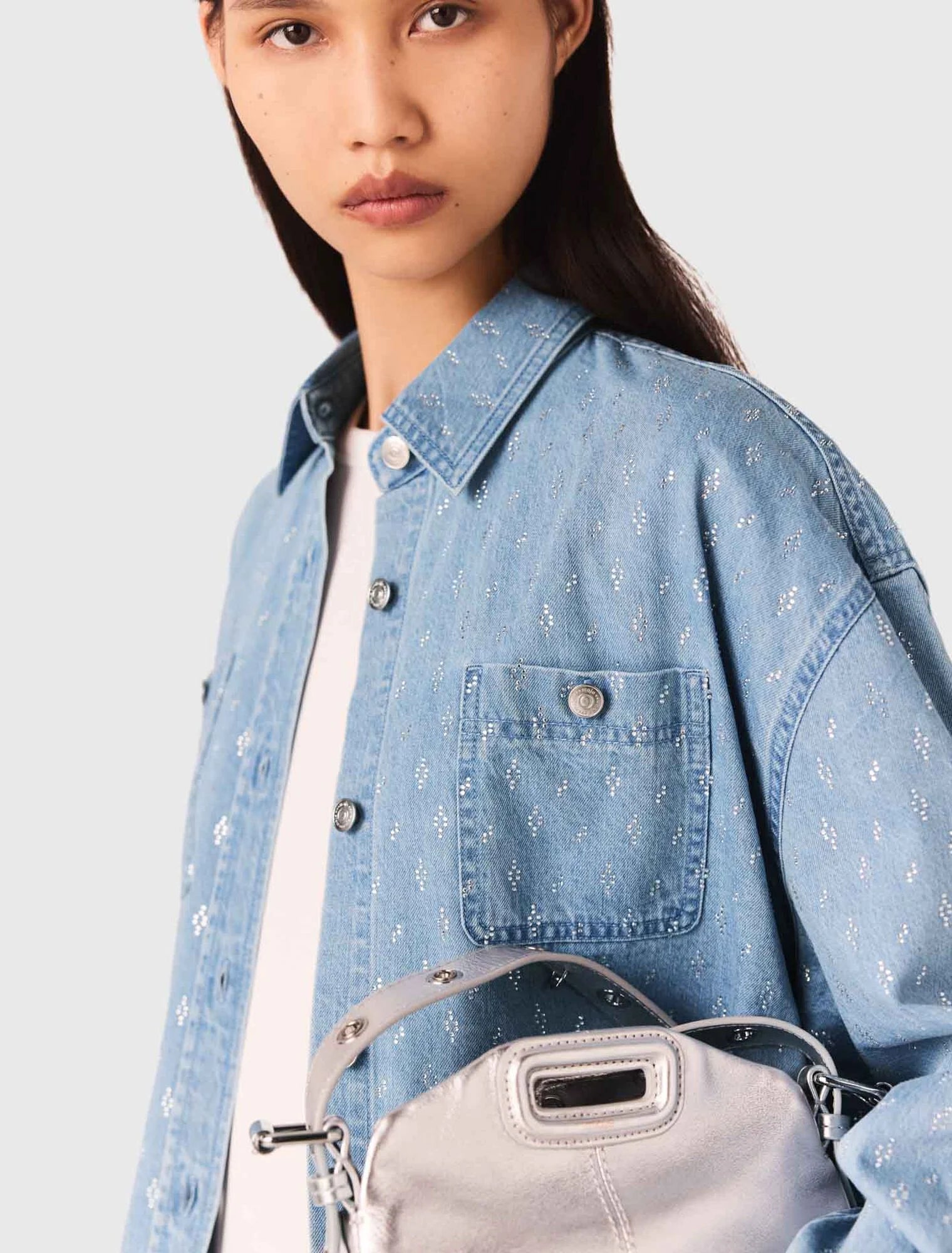 Short rhinestone denim shirt