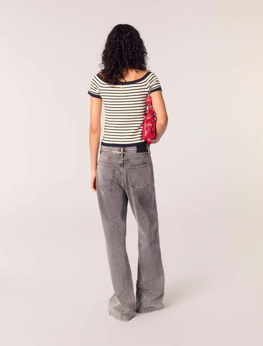 Grey-Wide-Leg Jeans With Chain-Link Belt