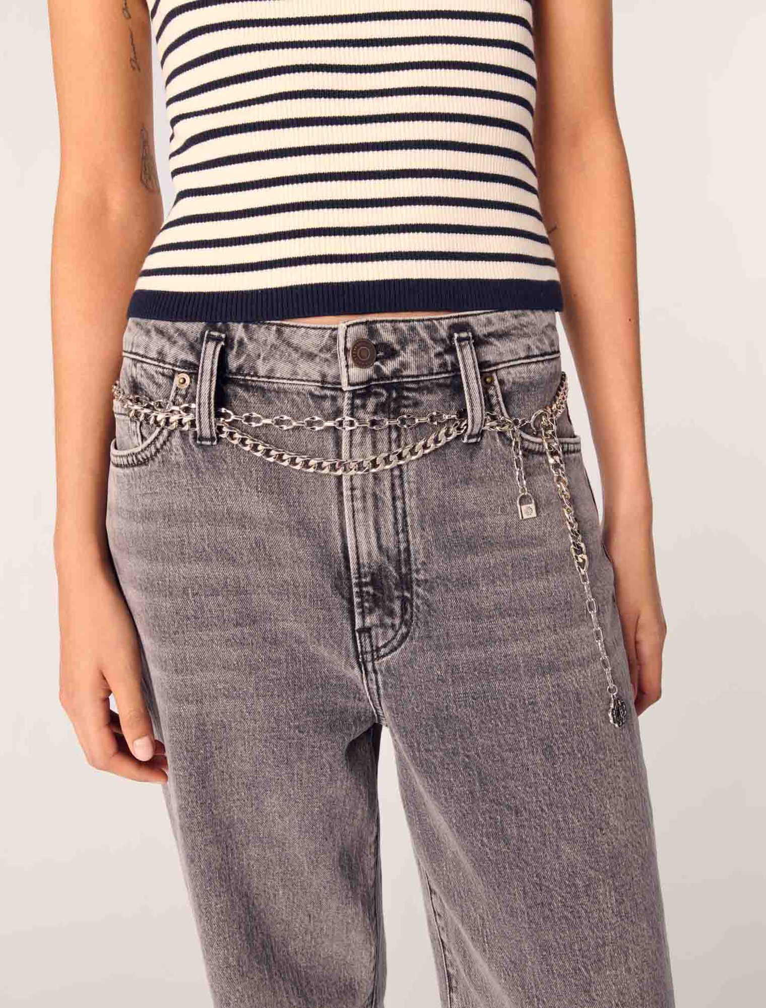 Grey-Wide-Leg Jeans With Chain-Link Belt