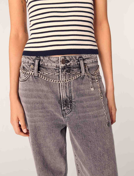 Grey-Wide-Leg Jeans With Chain-Link Belt