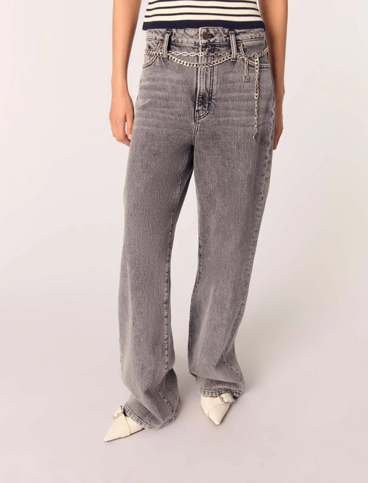 Grey-Wide-Leg Jeans With Chain-Link Belt