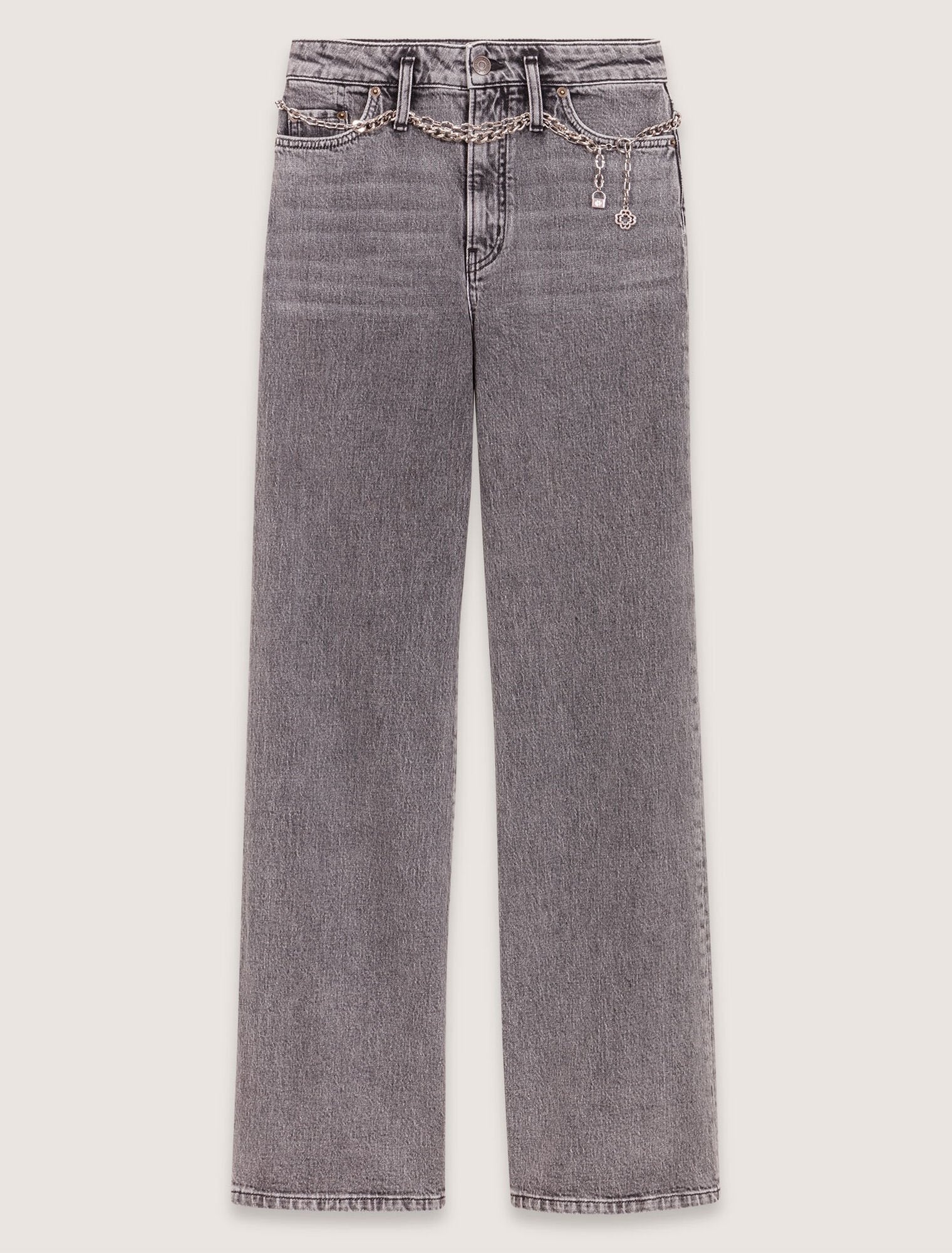 Grey-Wide-Leg Jeans With Chain-Link Belt