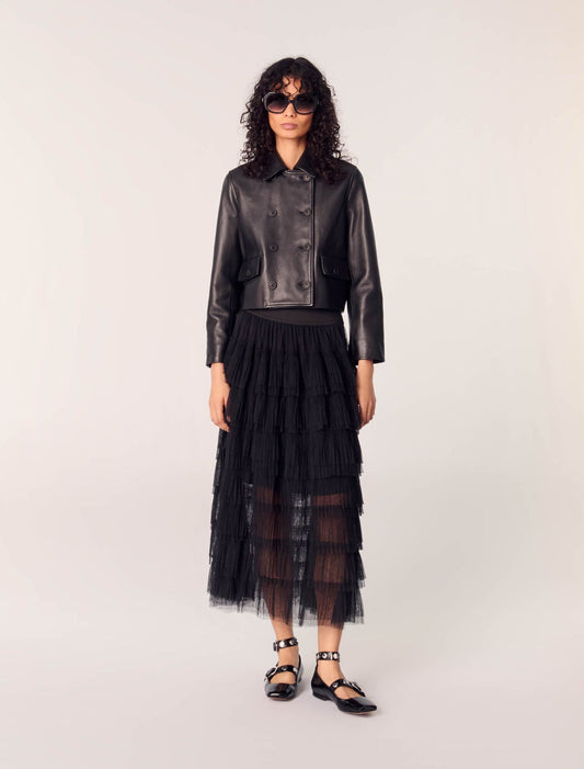 Black-featured-Tulle Midi Skirt