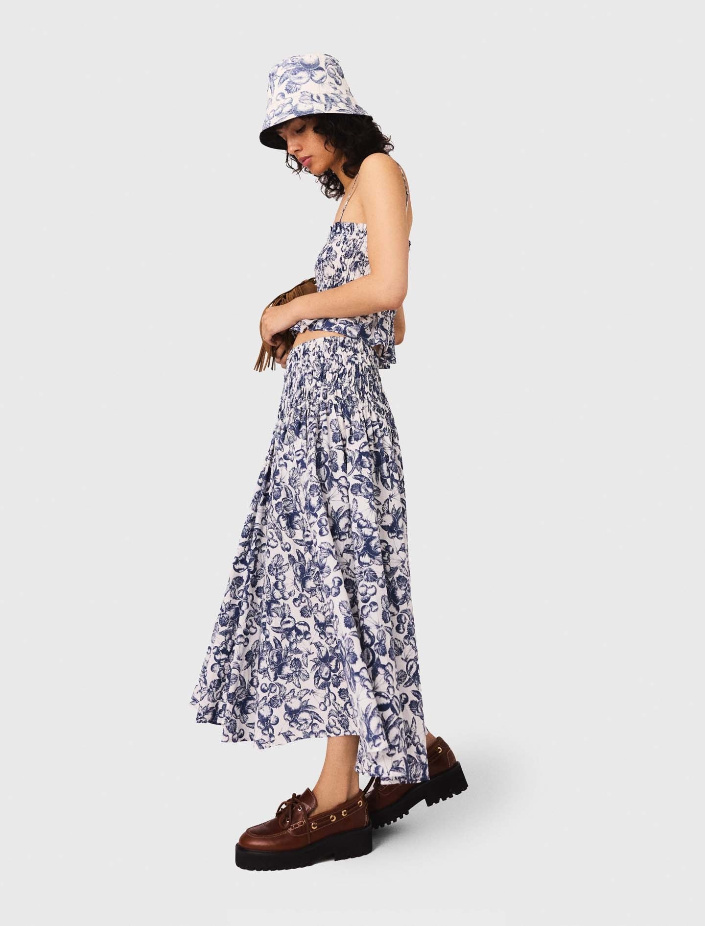 Blue Fruits Print  Long printed skirt