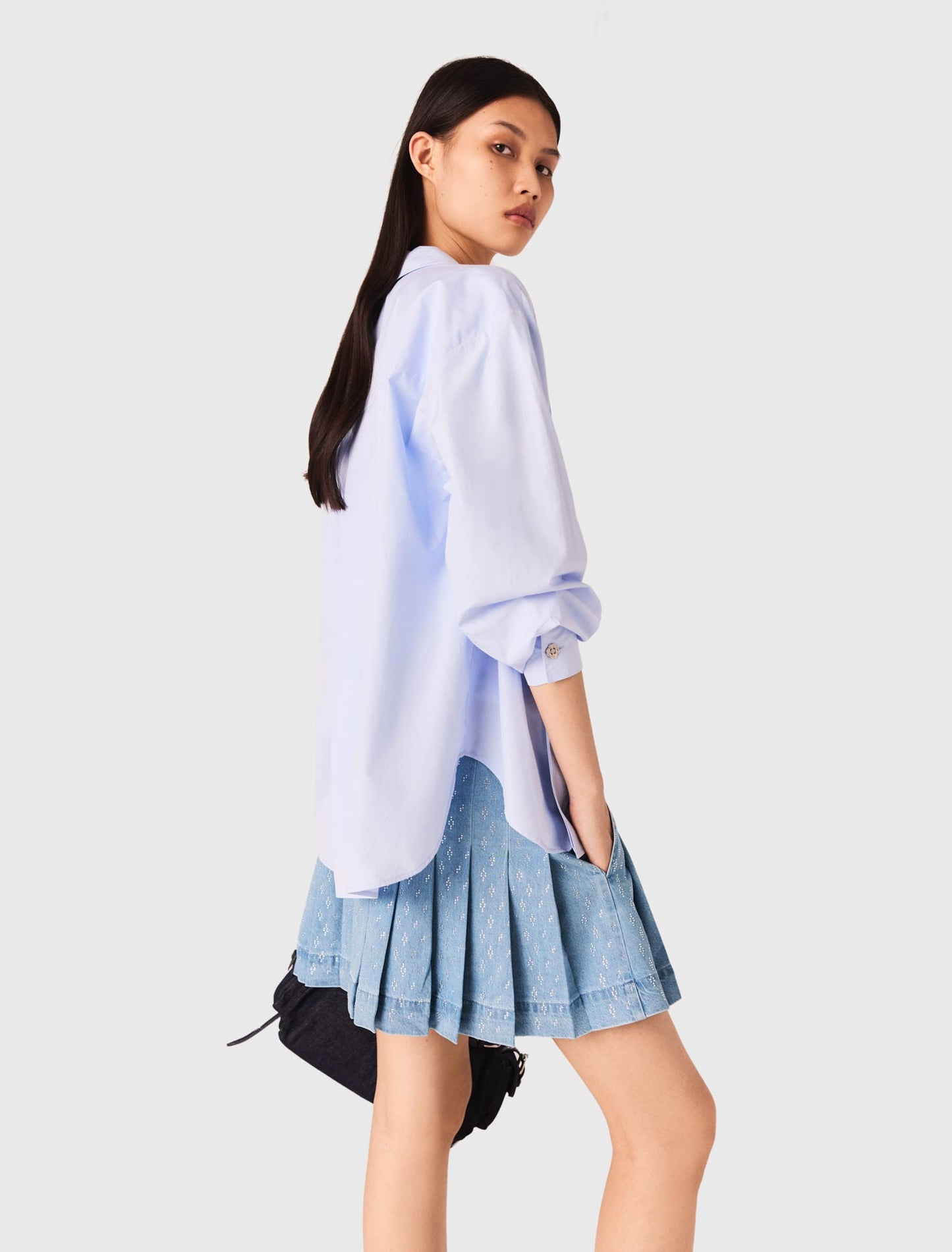 Rhinestone pleated denim skirt