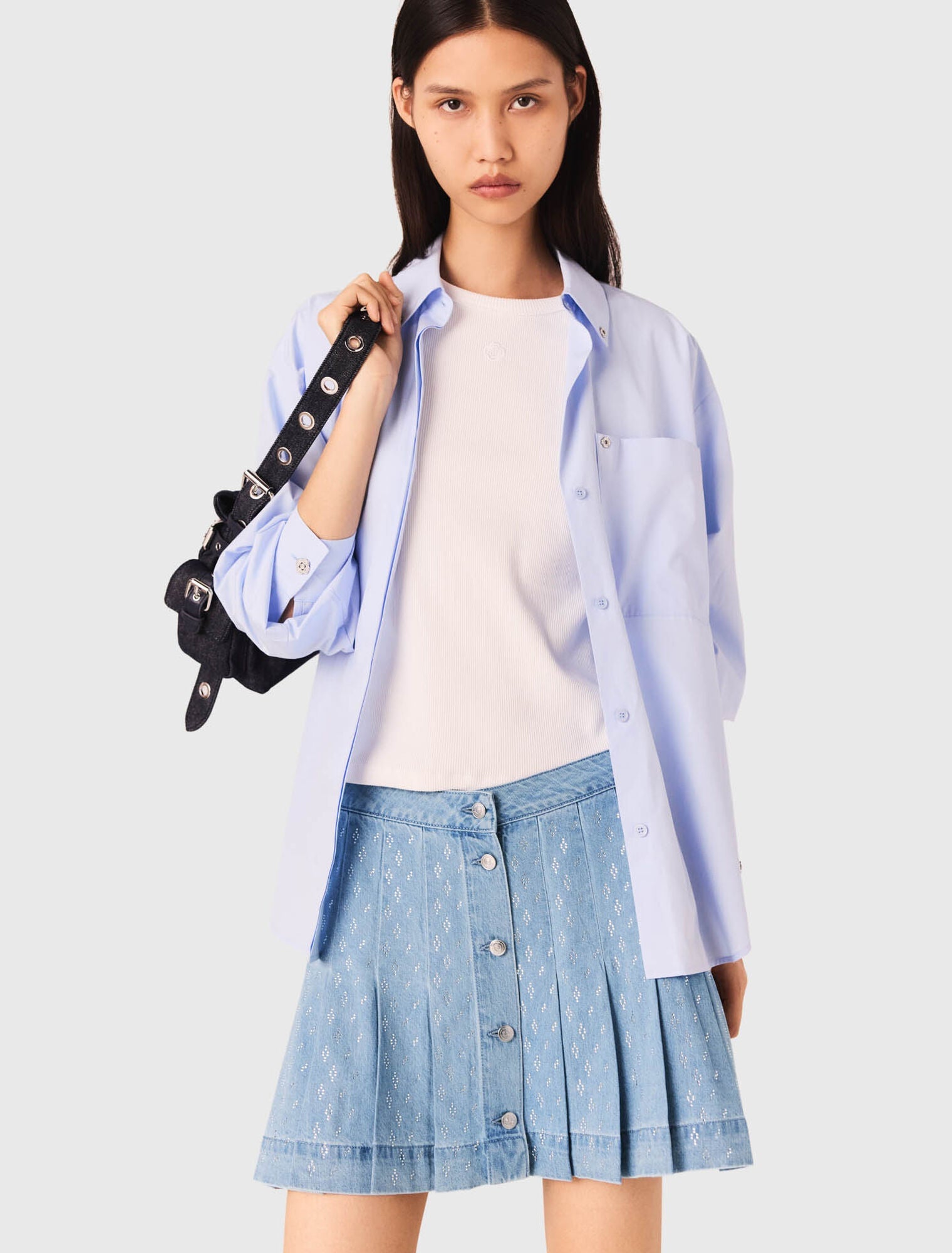 Rhinestone pleated denim skirt