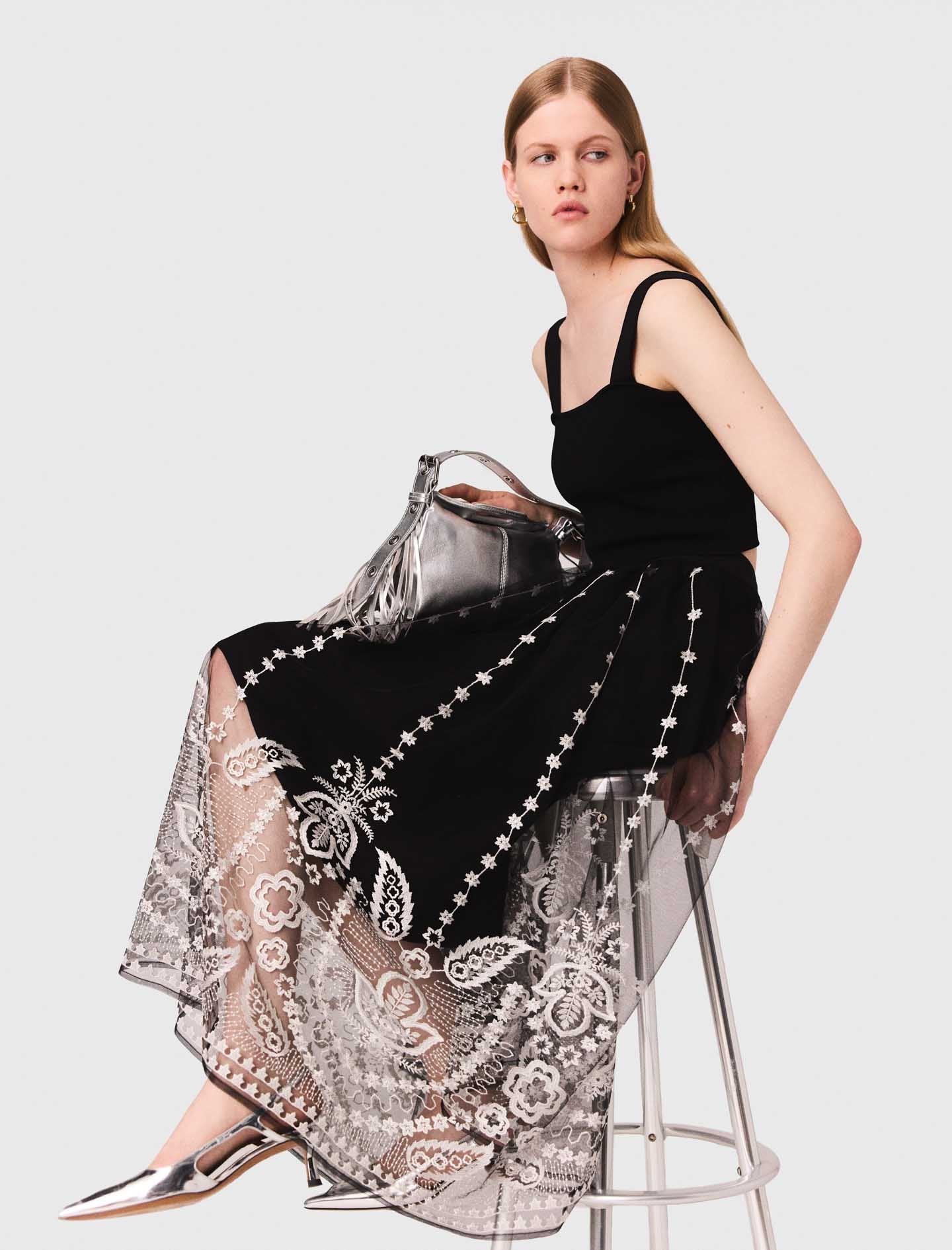 Long embroidered tulle skirt