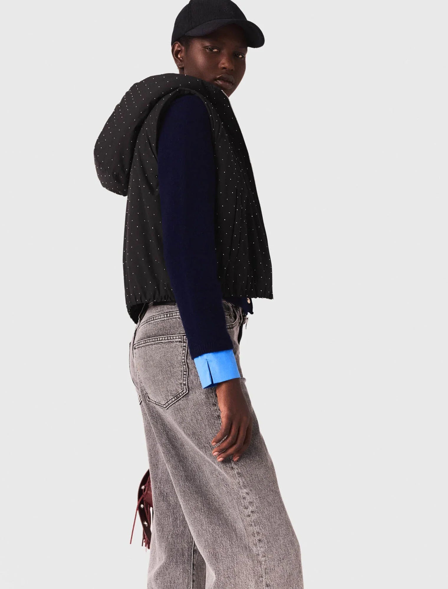 mfpou01415 rhinestone sleeveless puffer jacket black