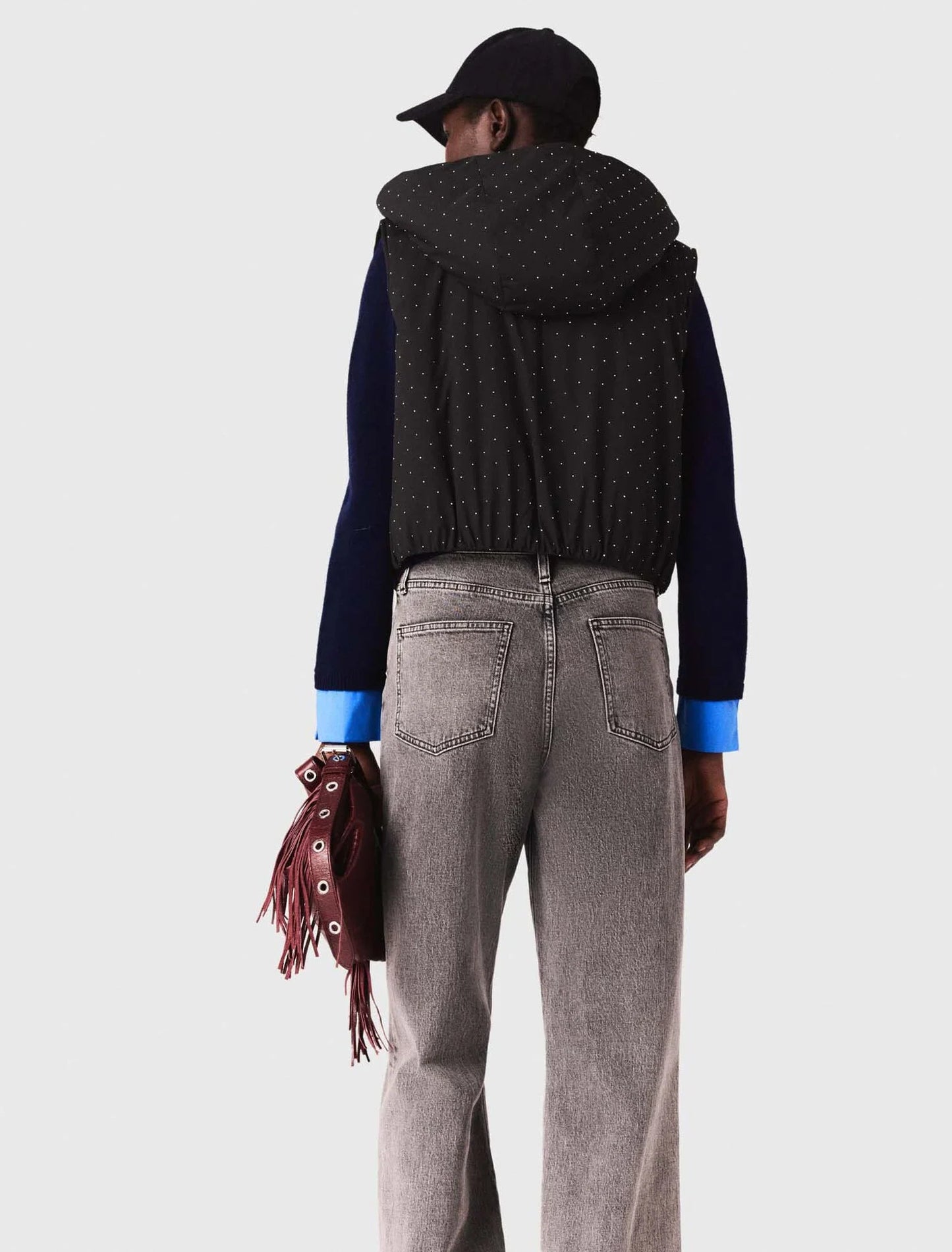 mfpou01415 rhinestone sleeveless puffer jacket black