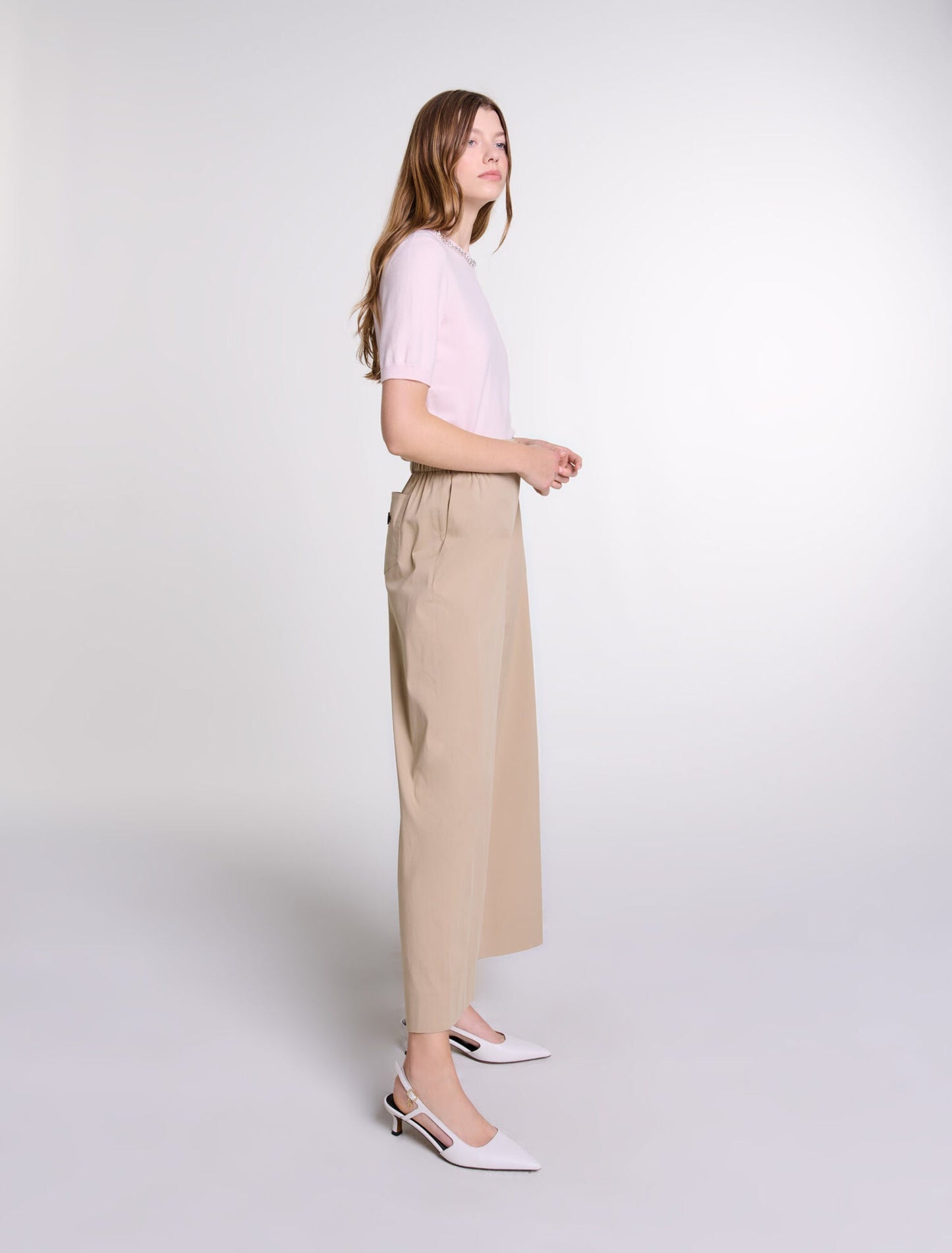 Beige Light  -Wide-leg cotton trousers