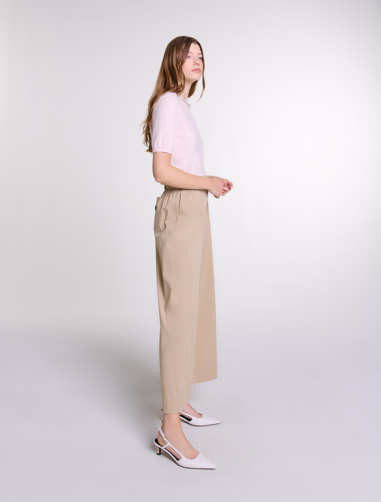 Beige Light  -Wide-leg cotton trousers