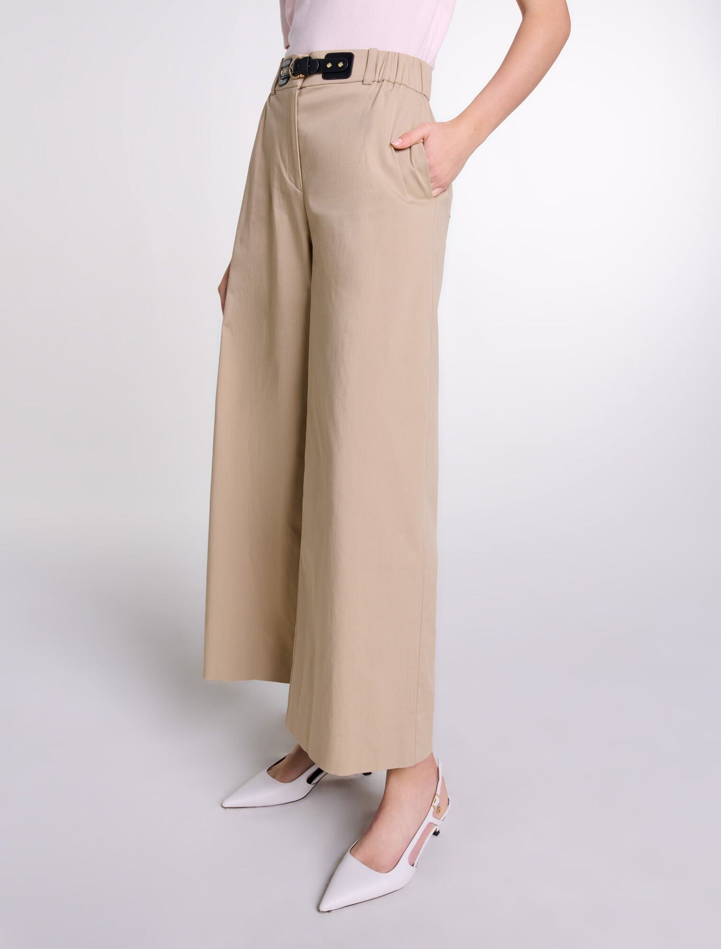 Beige Light  -Wide-leg cotton trousers