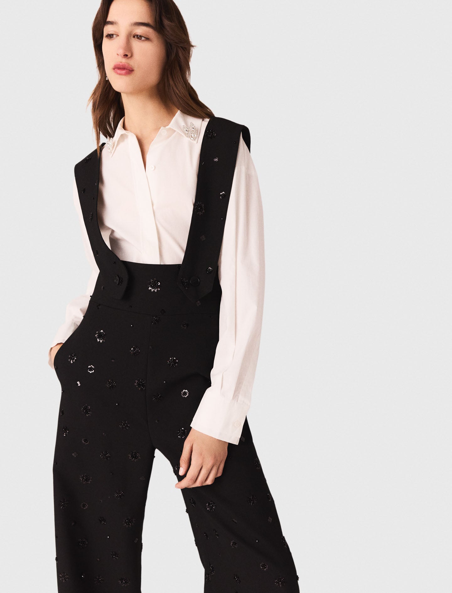 Embroidered trousers with braces Black