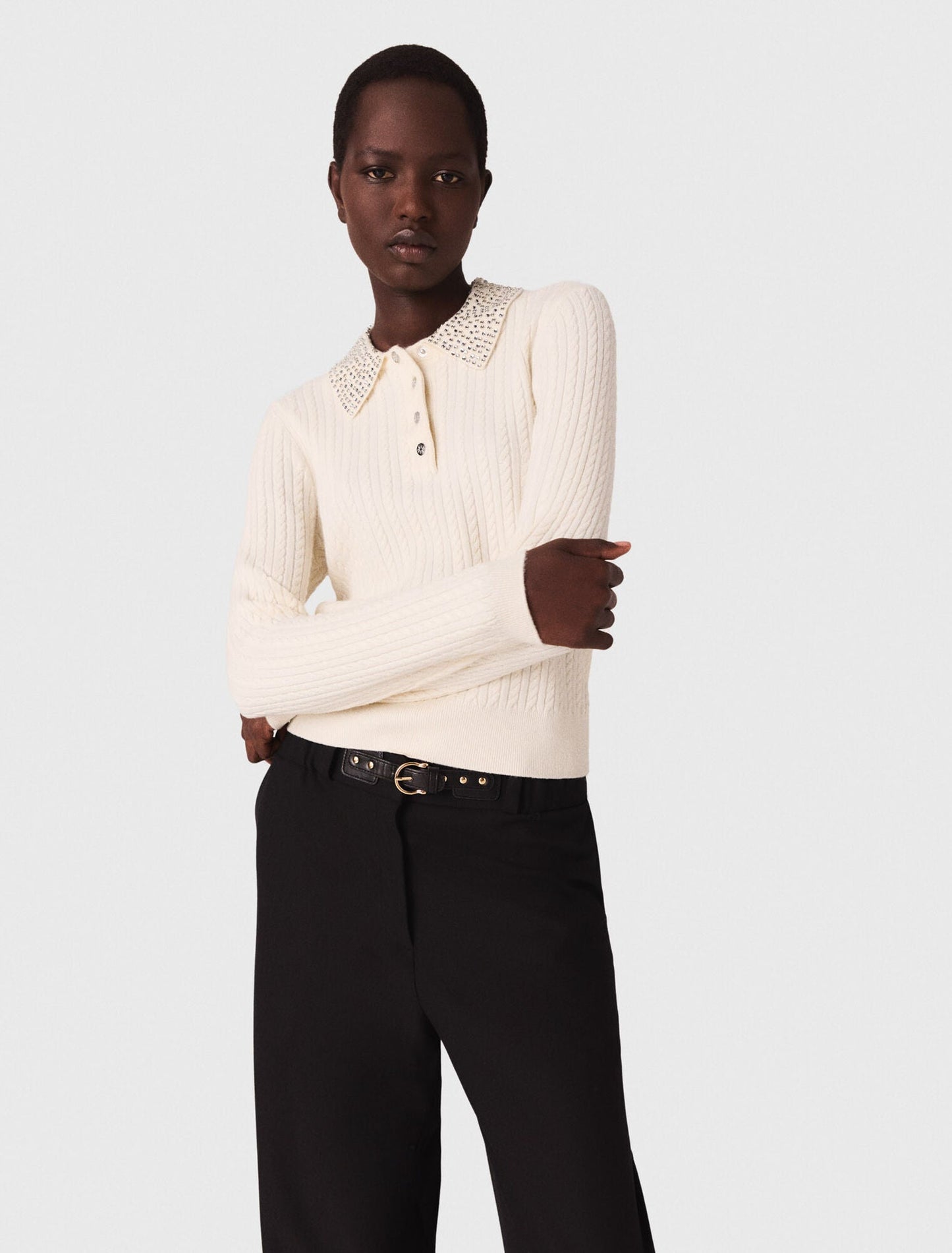 Knit polo shirt with rhinestone collar