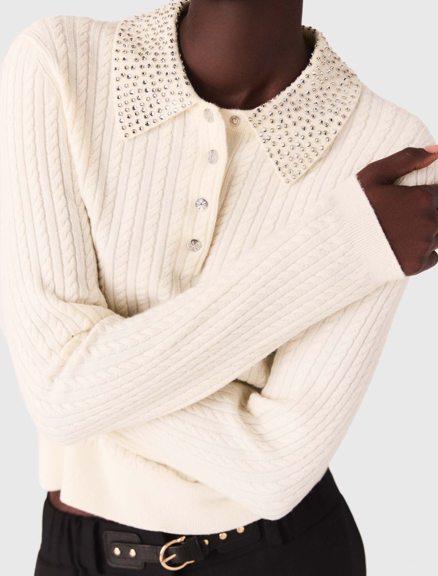 Knit polo shirt with rhinestone collar