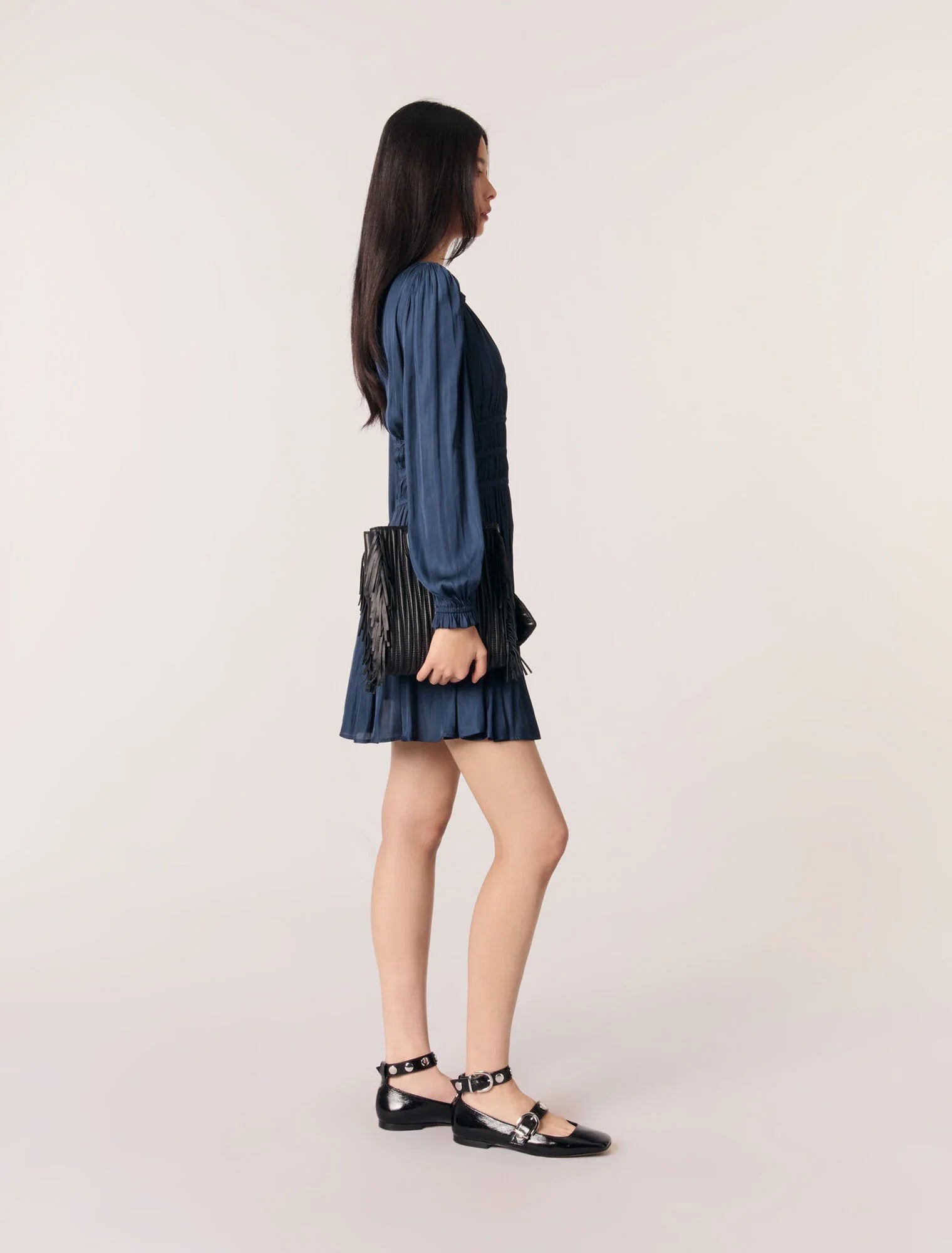 Navy-SATIN DRESS WITH RUFFLES