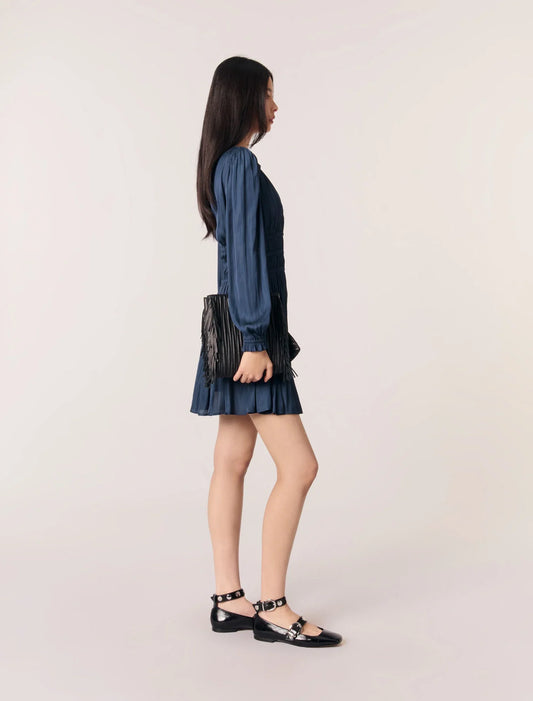 Navy-SATIN DRESS WITH RUFFLES