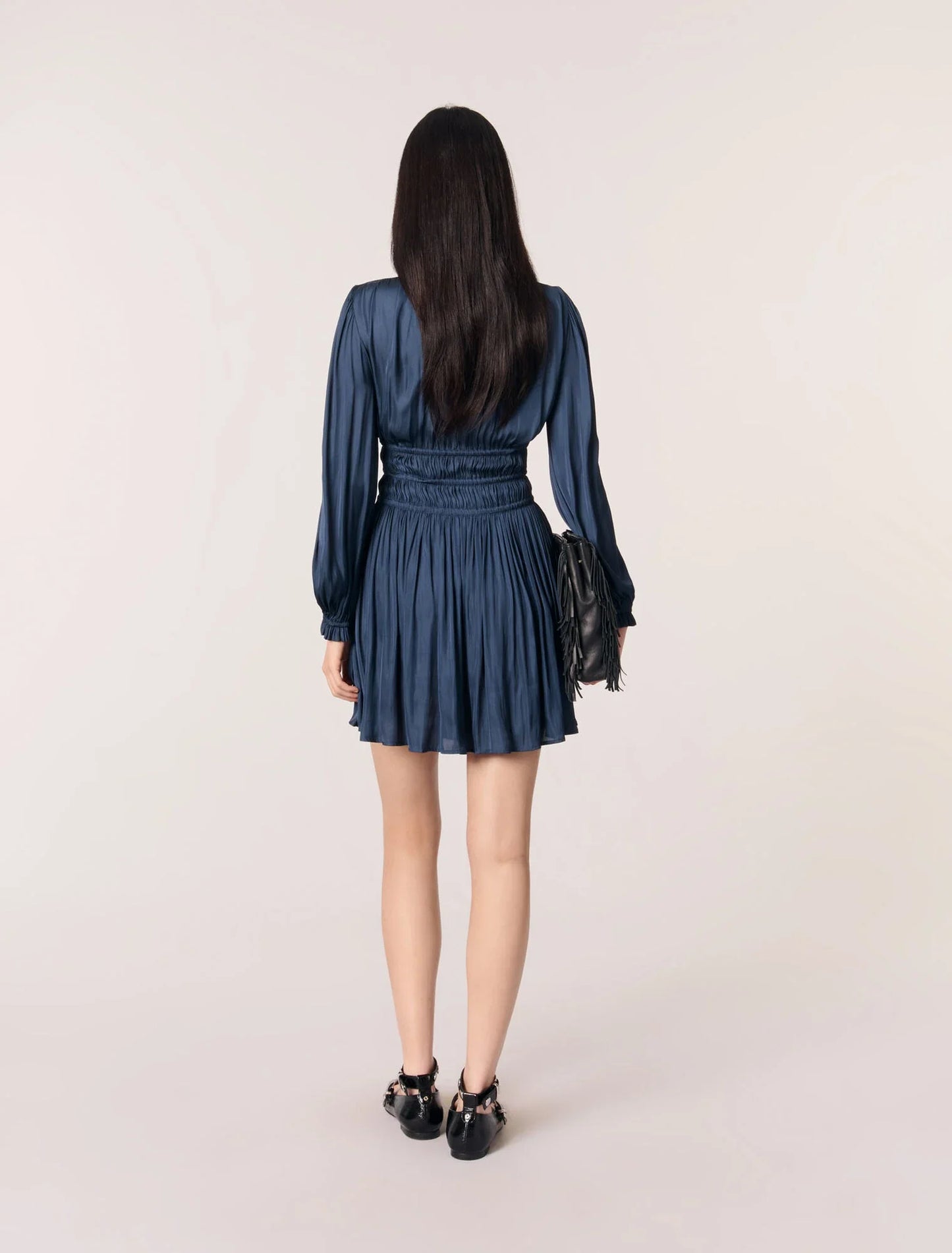 Navy-SATIN DRESS WITH RUFFLES