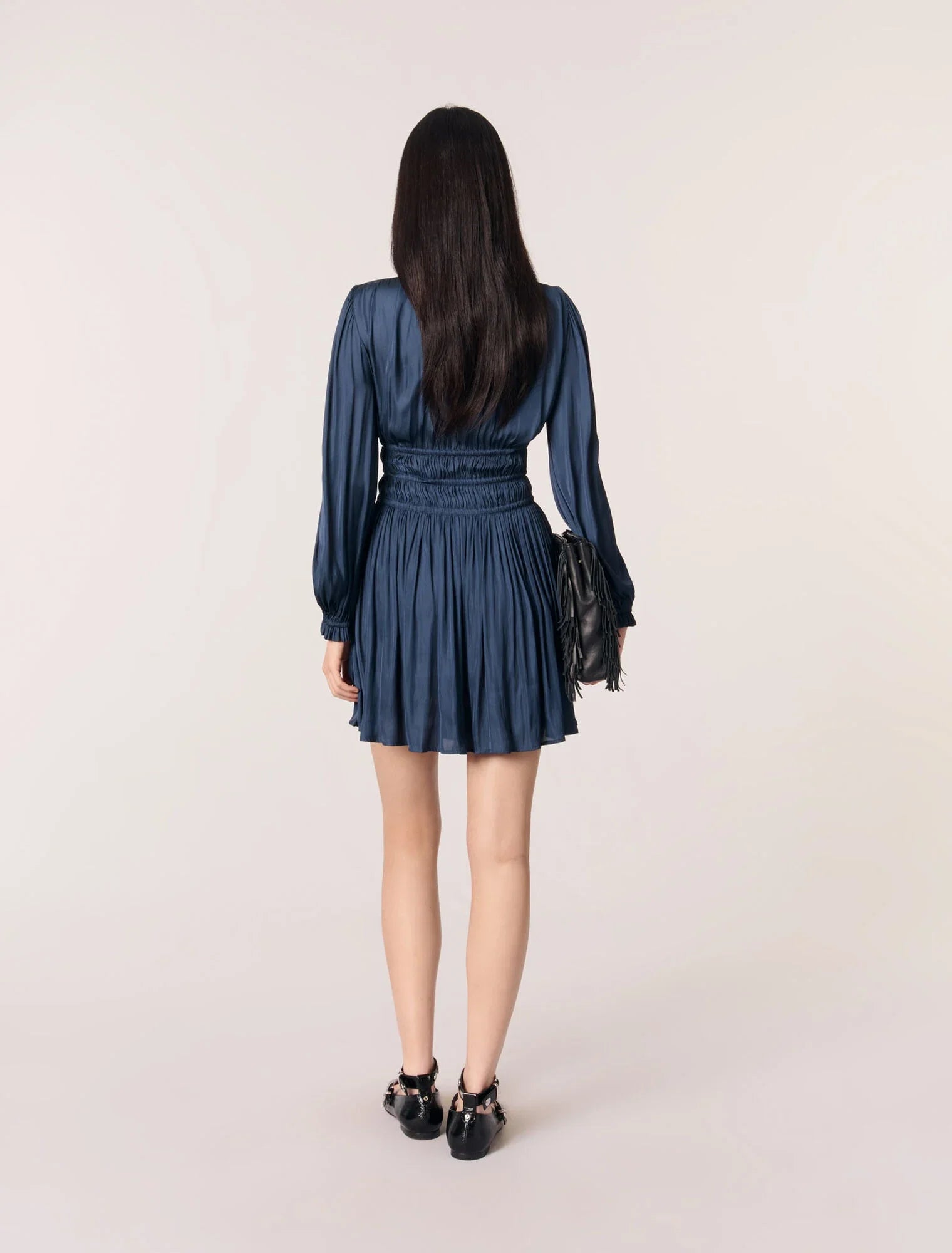 Navy-SATIN DRESS WITH RUFFLES