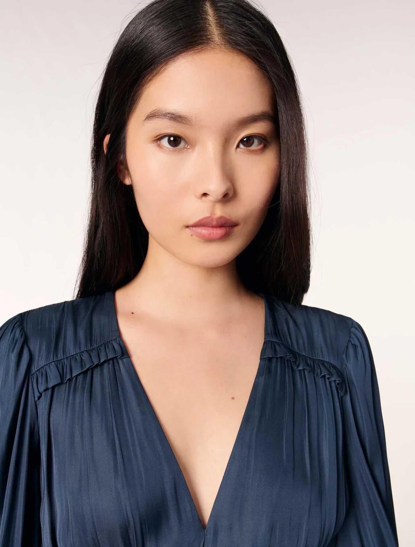 Navy-SATIN DRESS WITH RUFFLES