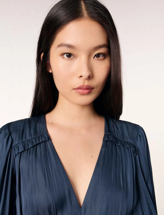 Navy-SATIN DRESS WITH RUFFLES