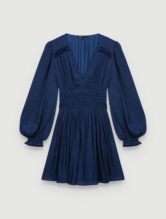 Navy-SATIN DRESS WITH RUFFLES