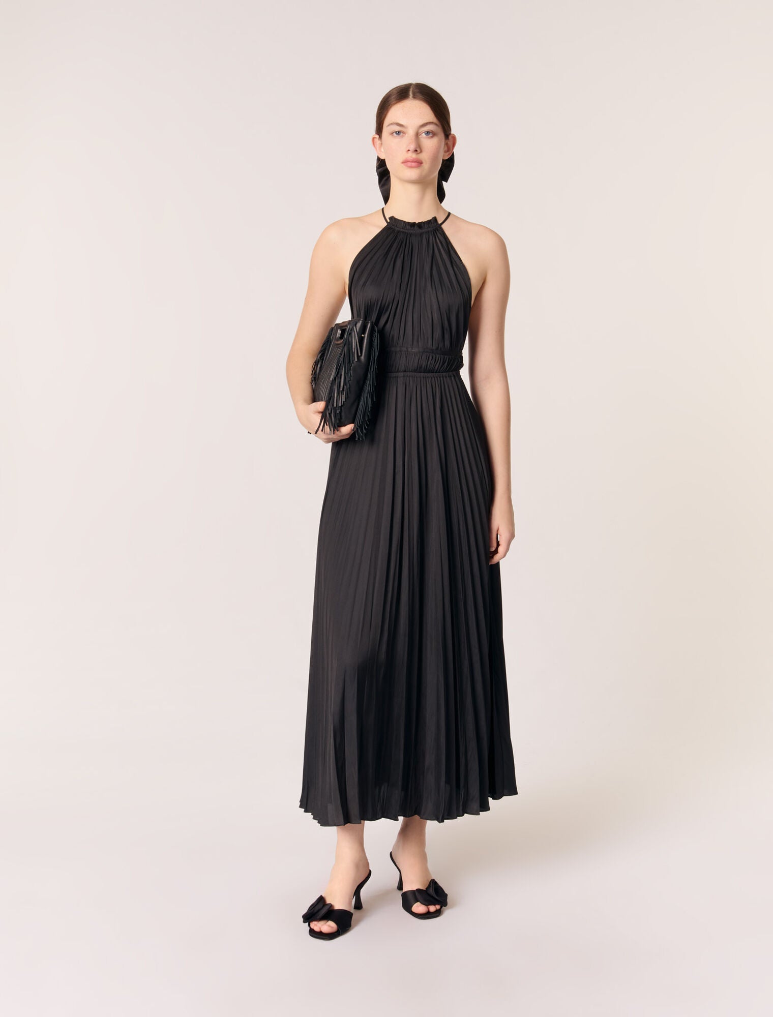 Pleated satin maxi dress Black