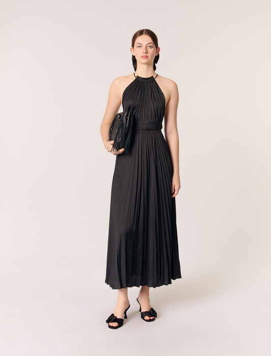Black-featured-pleated satin maxi dress
