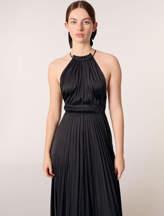 Black-pleated satin maxi dress