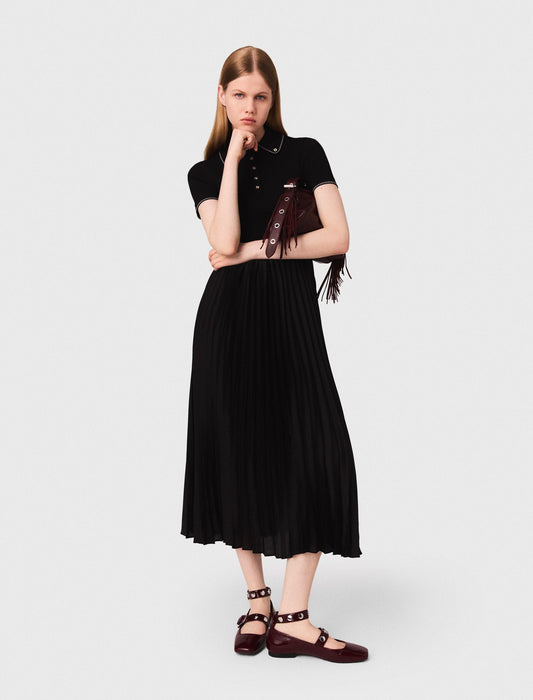 Pleated maxi dress with polo collar